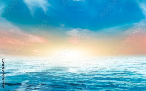 Seascape, horizon with sunset. Reflection of light in the water. Empty landscape. Abstraction, nature, sea waves. Natural background.