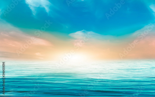 Seascape, horizon with sunset. Reflection of light in the water. Empty landscape. Abstraction, nature, sea waves. Natural background.