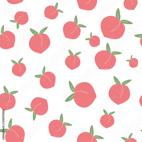 Seamless pattern with cartoon ripe peaches and leaves. Design for packaging paper, textile, fabric, wallpapers. Farm, natural food, fresh fruits, vegan concepts. Flat. Vector stock illustration.