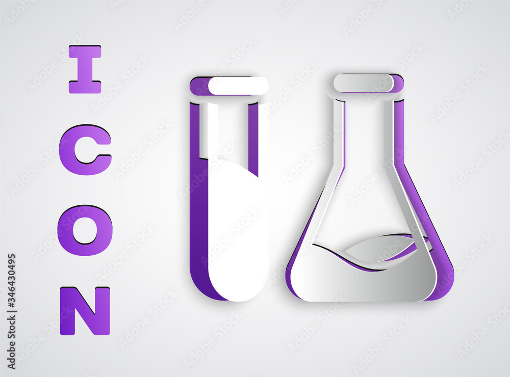 Paper cut Test tube and flask - chemical laboratory test icon isolated on grey background. Laboratory glassware sign. Paper art style. Vector Illustration Paper cut Test tube and flask - chemical laboratory test icon isolated on grey background. Laboratory glassware sign. Paper art style. Vector Illustration
