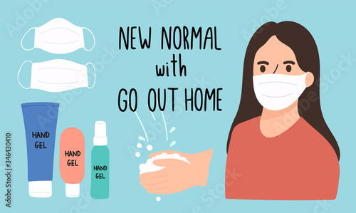 New Normal with go out home when Coronavirus outbreak, Wear a mask and use alcohol gel to wash hand. Vector illustration.