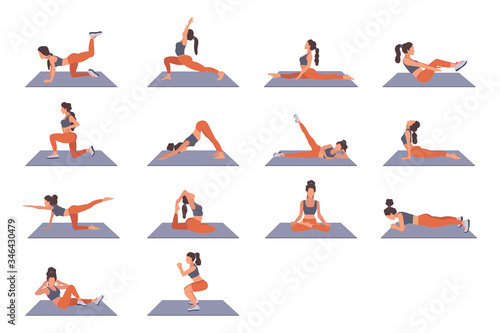 A set of girls are doing sport, stretching, yoga, meditating on the mat. Vector flat illustrations of woman fitness workout, training, sports activity, the gym isolated on a white background
