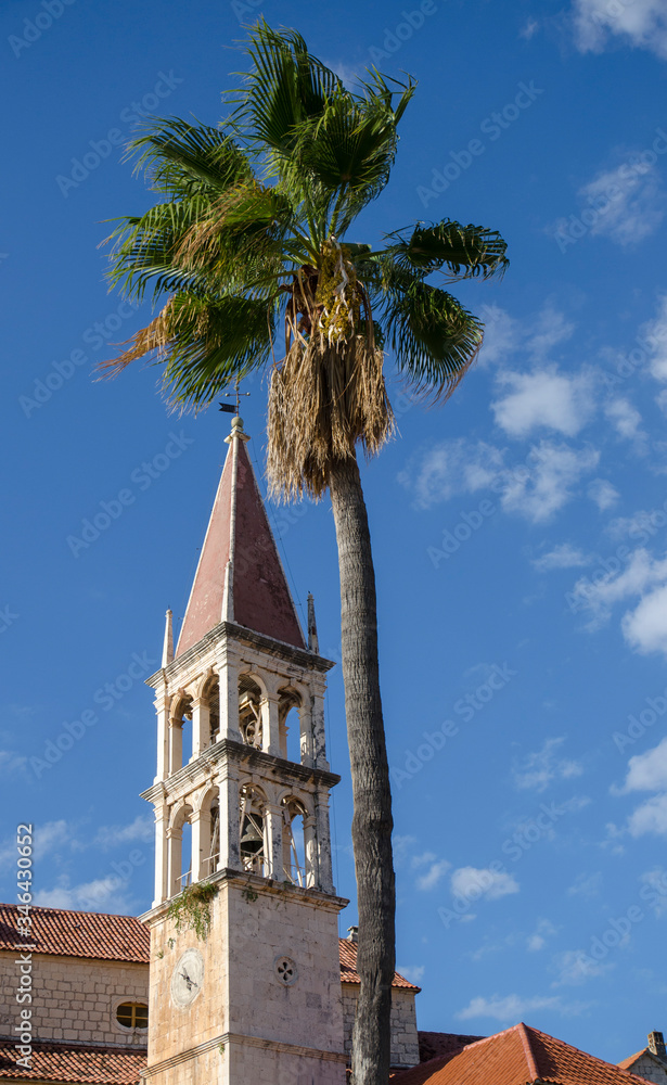 Croatian seaside town, Dalmatia, medieval Roman Catholic church with palm trees with blue sky in summer sunshine.