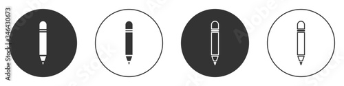 Black Pencil with eraser icon isolated on white background. Drawing and educational tools. School office symbol. Circle button. Vector Illustration