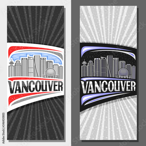 Vector layouts for Vancouver, decorative leaflet with line illustration of contemporary vancouver city scape on day and dusk sky background, design tourist card with unique letters for word vancouver.