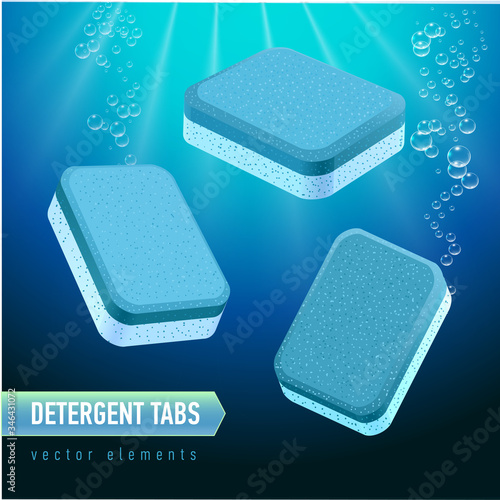 Dishwasher detergent tablet from different angles. Blue and White soap tabs on deep blue water background. Realistic water bubbles.
