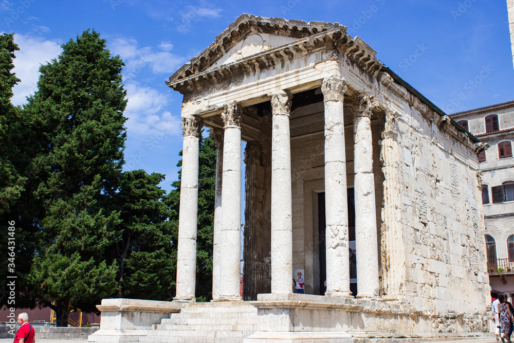 Facade of Temple of Augustus (Augustov hram), a well-preserved Roman temple in Forum Square in the city of Pula, Croatia