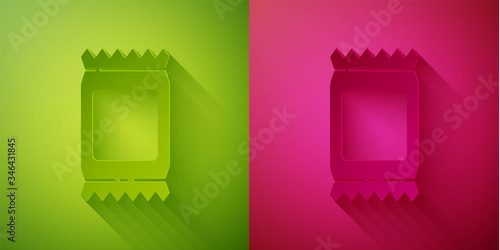 Paper cut Fertilizer bag icon isolated on green and pink background. Paper art style. Vector Illustration