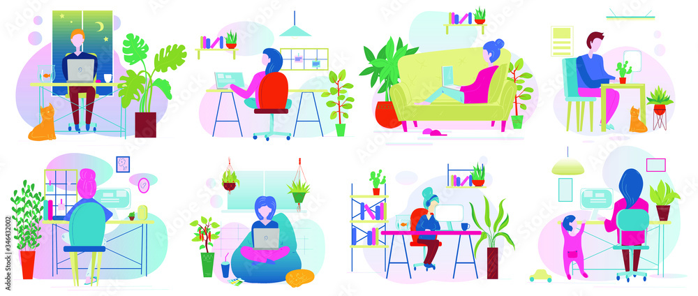 Working at home on quarantine, concept illustration. Young people, mаn and womаn freelancers working on laptops and computers at home in quarantine. Vector flat style illustration Working at home on quarantine, concept illustration. Young people, mаn and womаn freelancers working on laptops and computers at home in quarantine. Vector flat style illustration