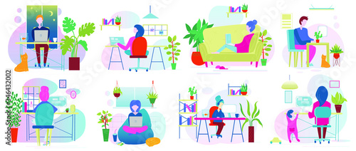 Working at home on quarantine,  concept illustration. Young people, mаn and womаn freelancers working on laptops and computers at home in quarantine. Vector flat style illustration