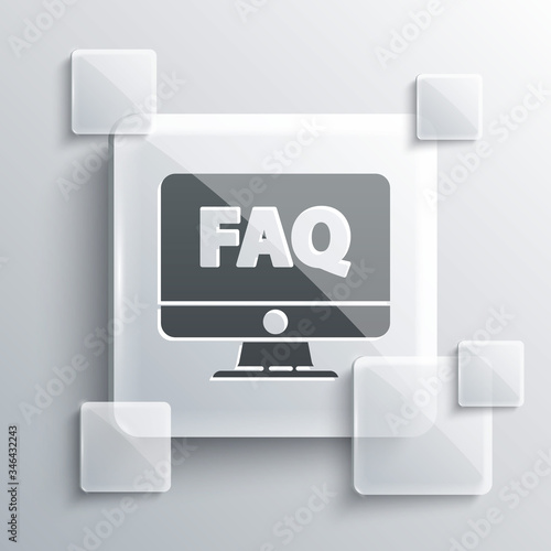 Grey Computer monitor and FAQ icon isolated on grey background. Adjusting, service, setting, maintenance, repair, fixing. Square glass panels. Vector Illustration