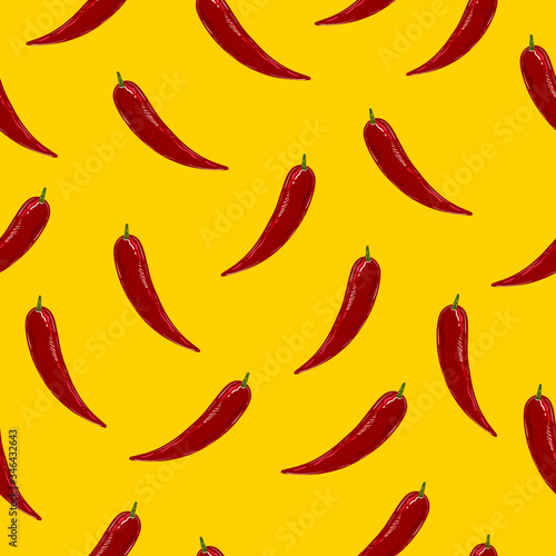 Red chili peppers on a yellow background hand-drawn cartoon seamless vector flat pattern. Food rattern in hand drawn style