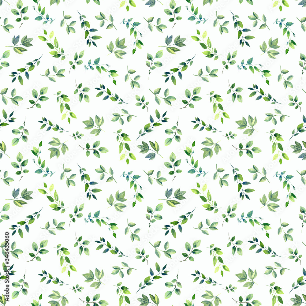 Fototapeta Zielone delikatne liście, wiosna lato kwiatowy elementy wzór na różowym tle. Ilustracja zapasów. Ręcznie malowane akwarelą.