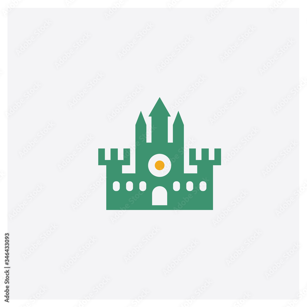 Castle concept 2 colored icon. Isolated orange and green Castle vector symbol design. Can be used for web and mobile UI/UX