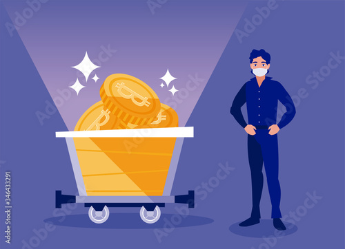 Man with mask and bitcoins inside cart vector design