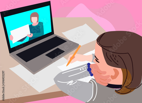 Student character study at computer. Schoolgirl studying homework during her online lesson at home, social distance during quarantine, self-isolation, online education concept, home schooler