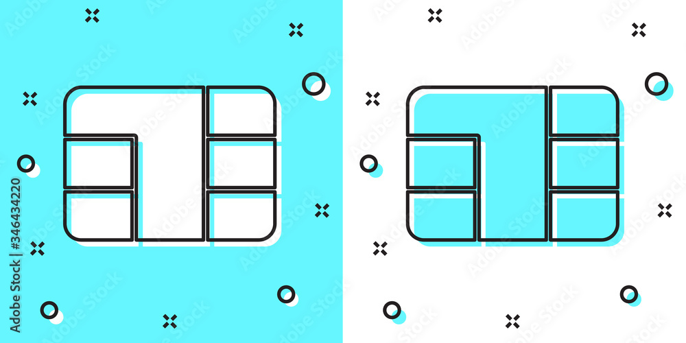 Black line Credit card with chip icon isolated on green and white background. Contactless payment. Random dynamic shapes. Vector Illustration Black line Credit card with chip icon isolated on green and white background. Contactless payment. Random dynamic shapes. Vector Illustration