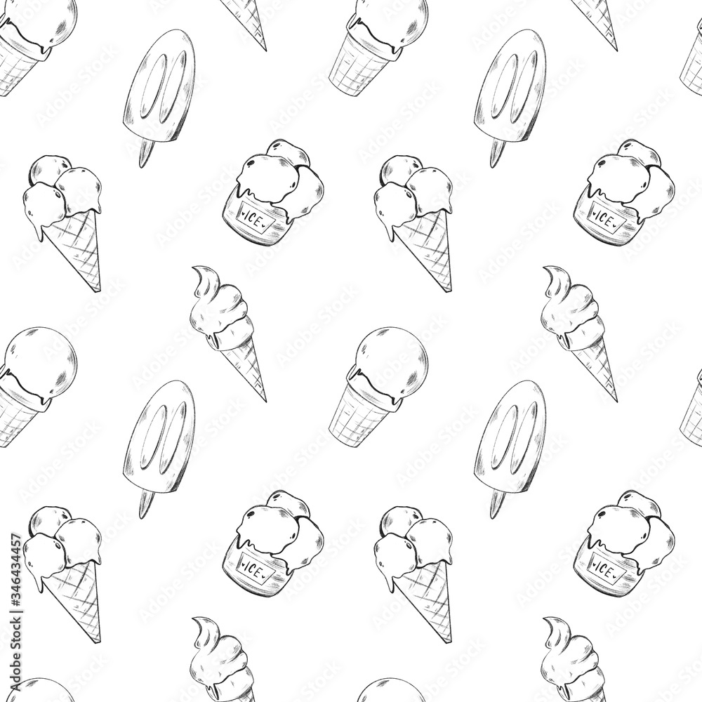 Cute ice cream in a waffle glass on a white background. Contour sketch seamless border pattern. Print for fabrics, stationery, banners, posters, cards, invitation, wrapping paper.