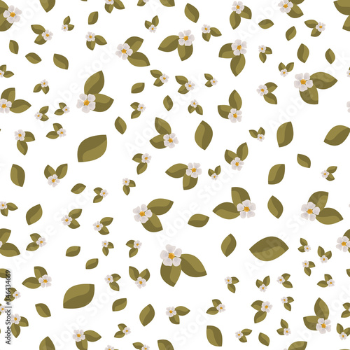 Seamless pattern with green leaves, tea, branches, foliage, petals on white.