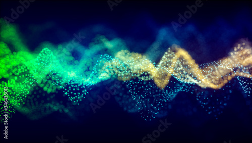 Abstract Particle Surface on Dark Background. Science or Technology Banner. Space Cyber Background. Particles with Depth of Field Effect - 3D rendering.