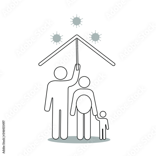 Family icon protected against dangerous disease COVID-19. Illustration of preventive measures in favor of the health of man, woman and child. Isolated picture on white background.
