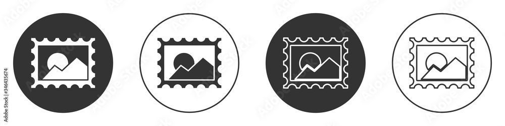 Black Postal stamp icon isolated on white background. Circle button. Vector Illustration Black Postal stamp icon isolated on white background. Circle button. Vector Illustration