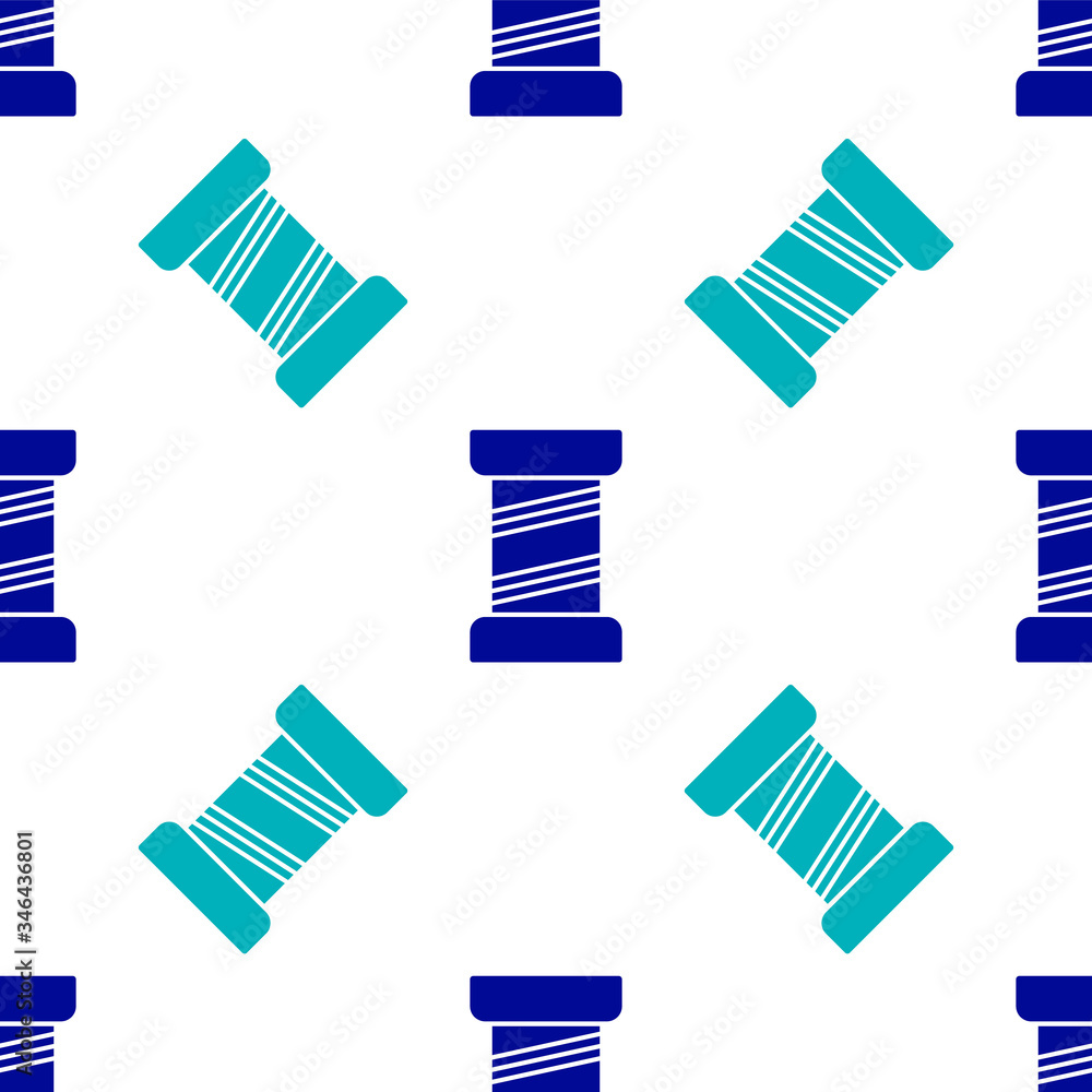 Blue Sewing thread on spool icon isolated seamless pattern on white background. Yarn spool. Thread bobbin. Vector Illustration Blue Sewing thread on spool icon isolated seamless pattern on white background. Yarn spool. Thread bobbin. Vector Illustration