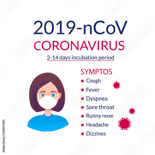 Medical poster Wuhan Coronavirus 2019-nKoV. Symptoms, preventive measures, animal carriers of the disease, incubation period and the danger of a virus epidemic from China. SARS pandemic risk alert.