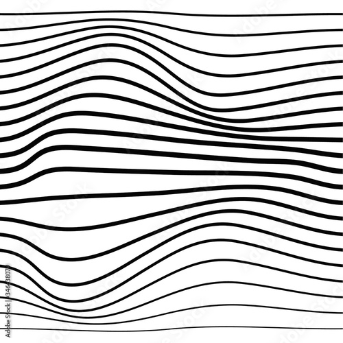 Distorted wave monochrome texture. Abstract dynamical rippled surface. Vector stripe deformation background.
