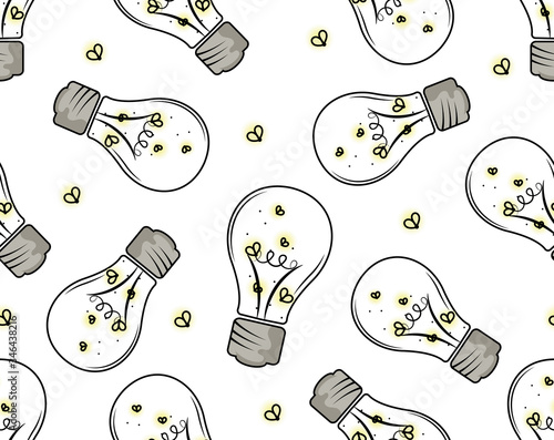 light bulb with yellow fireflies inside on a white background, pattern, vector, flat illustration, minimalism
