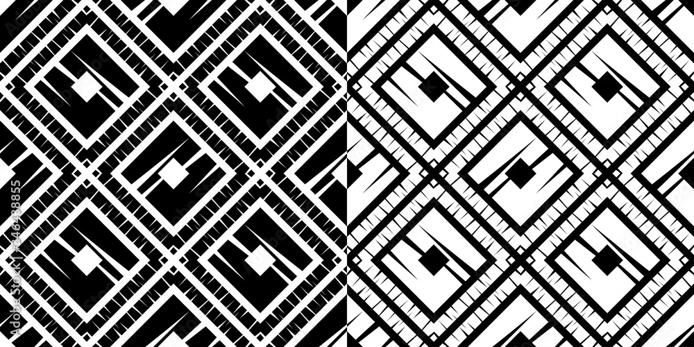 A set of 2 images. Black and white seamless background. Design with manual hatching. Ethnic boho ornament. Seamless background. Tribal motif. Vector illustration for web design or print.