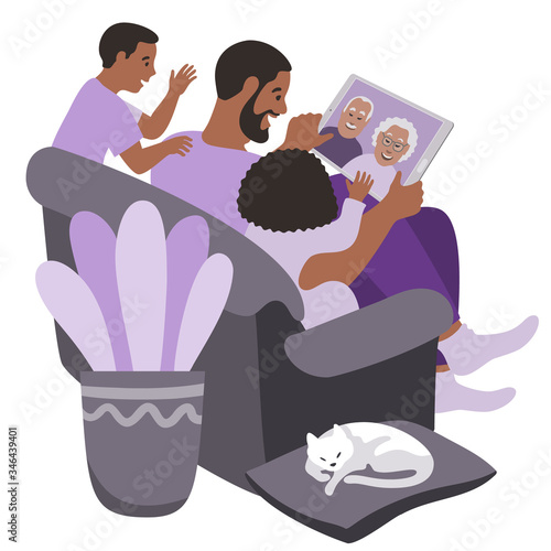 Black family in a video call with seniors. Grandparents on a tablet screen. Father with two kids sitting on a couch. The kids waving their hands. Millennial Generation and Boomer Generation.