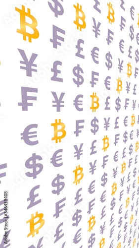 Bitcoin and currency on a white background. Digital crypto currency symbol. Wave effect, currency market fluctuations. Business concept. 3D illustration