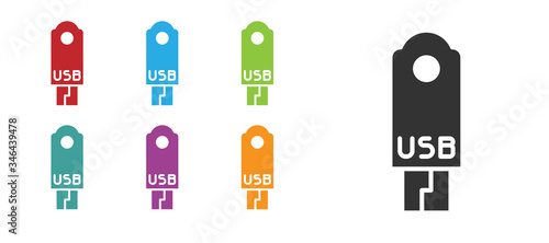 Black USB flash drive icon isolated on white background. Set icons colorful. Vector Illustration