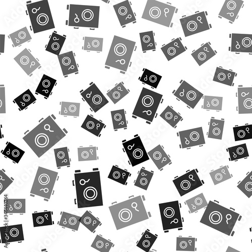 Black Safe icon isolated seamless pattern on white background. The door safe a bank vault with a combination lock. Reliable Data Protection. Vector Illustration