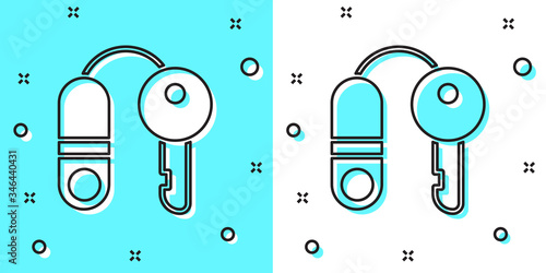 Black line House with key icon isolated on green and white background. The concept of the house turnkey. Random dynamic shapes. Vector Illustration