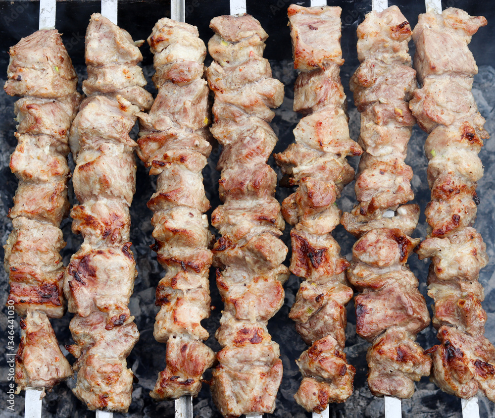 Cooking meat on charcoal. The meat is put on skewers and fried on the grill.