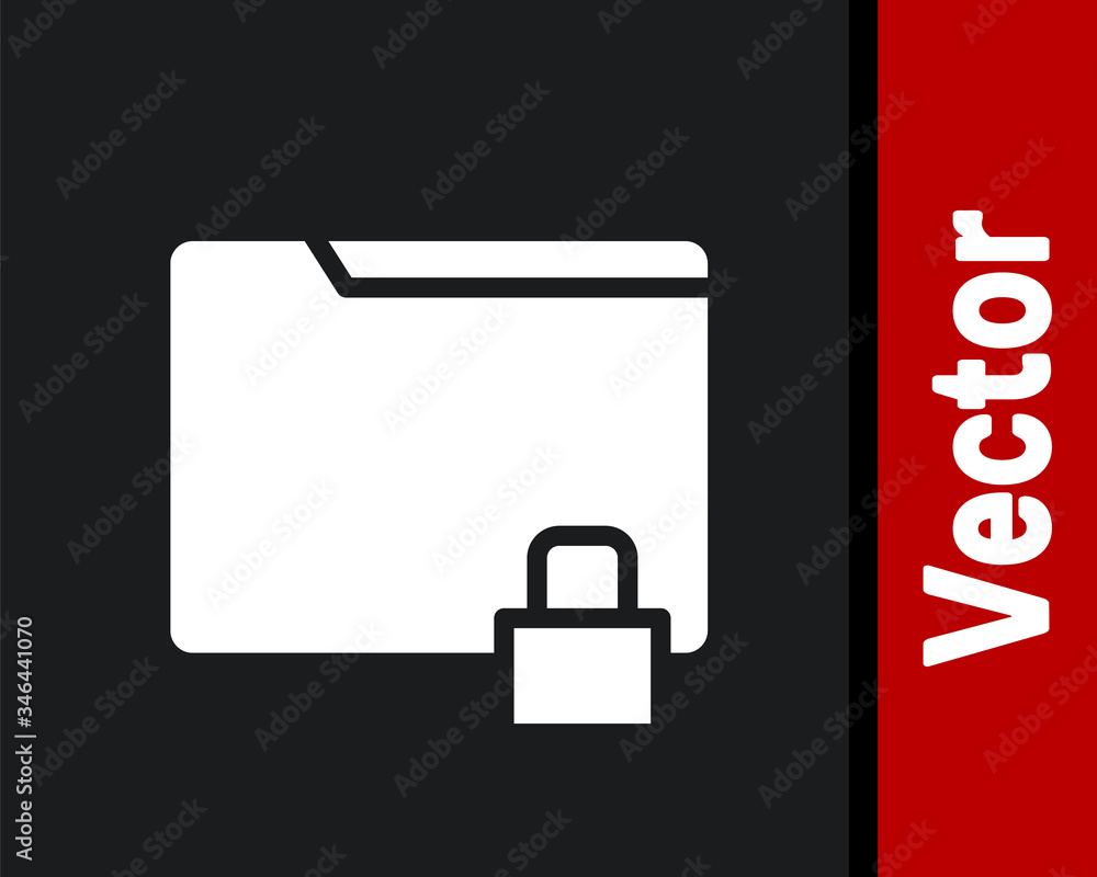 White Folder and lock icon isolated on black background. Closed folder and padlock. Security, safety, protection concept. Vector Illustration White Folder and lock icon isolated on black background. Closed folder and padlock. Security, safety, protection concept. Vector Illustration