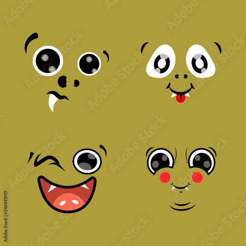 isolated vector image of cartoons, different types of emotions: cunning, delight, amazement, happy face. Cute emoticons, images for a character, monster, or creature concept. 