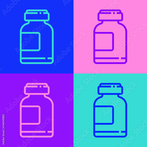 Pop art line Sports nutrition bodybuilding proteine power drink and food icon isolated on color background. Vector Illustration