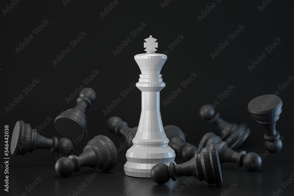 Black and white chess piece on dark background with strategy or different concept. King of chess and contrast ideas. 3D rendering. Black and white chess piece on dark background with strategy or different concept. King of chess and contrast ideas. 3D rendering.