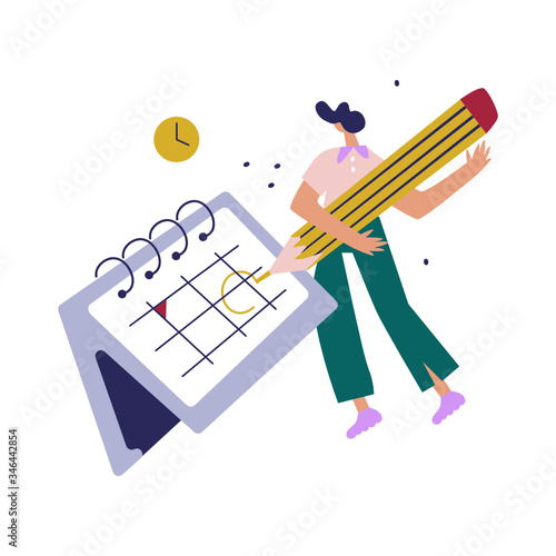 Woman check calendar have plan on memo, work and day planning concept. Cartoon flat vector illustration isolated on white background.