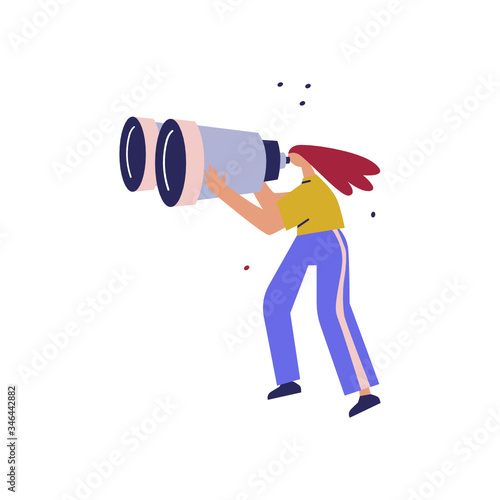Woman with his huge binoculars. Cartoon flat vector illustration isolated on white background.