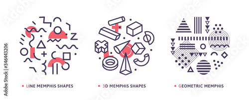 Geometrical round abstract modern isolated vector icons. Geometry elements drawing outline logo set. Memphis style geometric patterns collection.