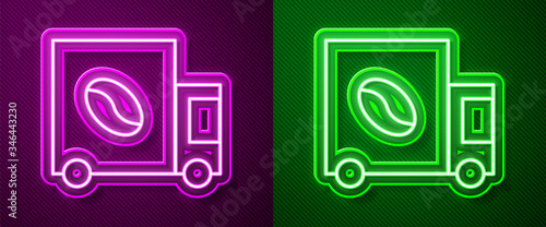 Glowing neon line Coffee street truck machine icon isolated on purple and green background. Delivery coffee. Vector Illustration