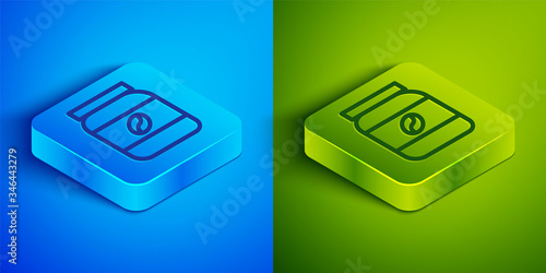 Isometric line Coffee jar bottle icon isolated on blue and green background. Square button. Vector Illustration