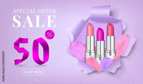 Vector sale banner with text on a torn paper background with round-shaped hole and rolled upsides, with lipsticks and lipstick strokes in it. Good for salons, beauty shops.