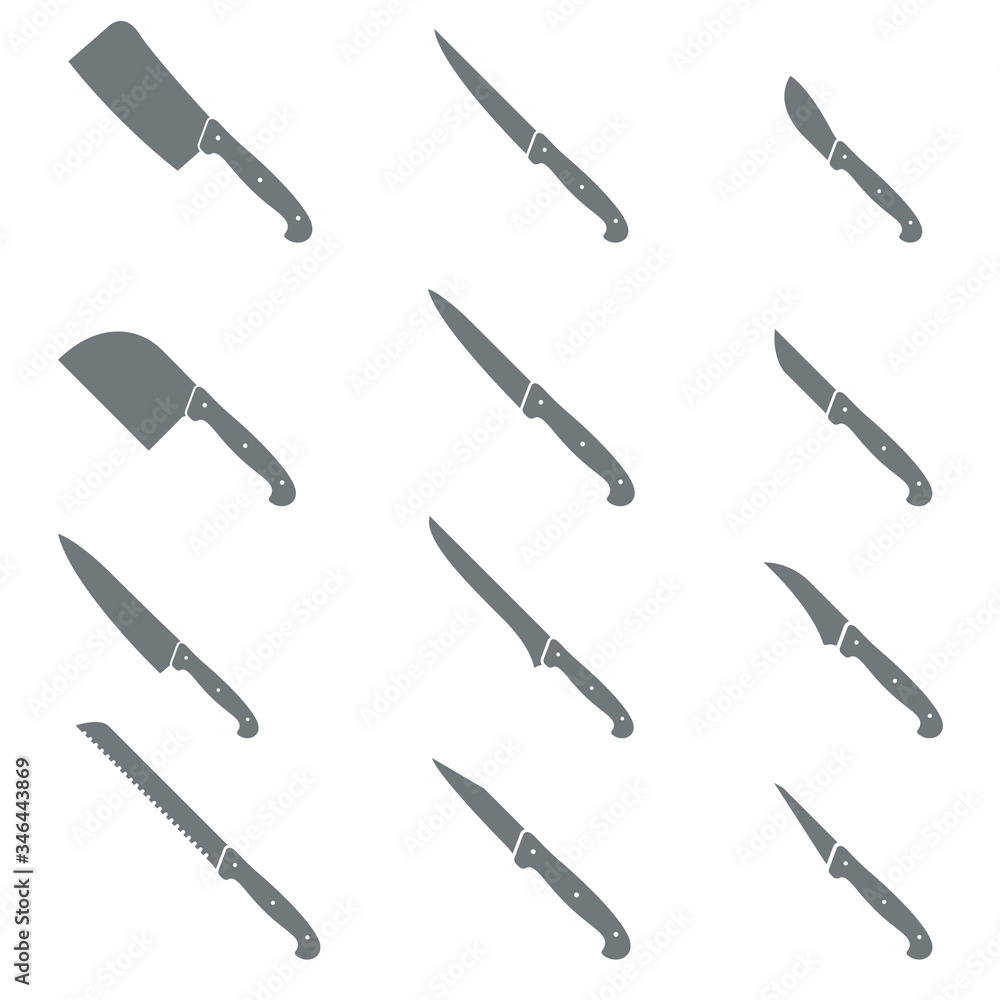 Knives and hatchets icon set. Kitchenware for slicing, cutting, chopping. 