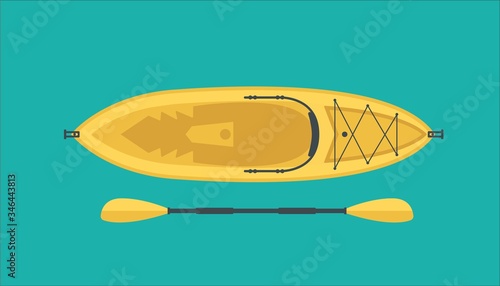 Vector illustration of a yellow kayak with a double-bladed paddle top view. Sit on top type. Narrow boat for fishing and recreation.