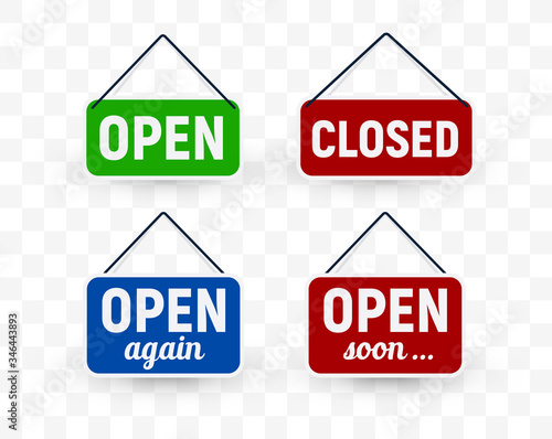 Set of door signboard with opening or closing information. Isolated vector sign collection.